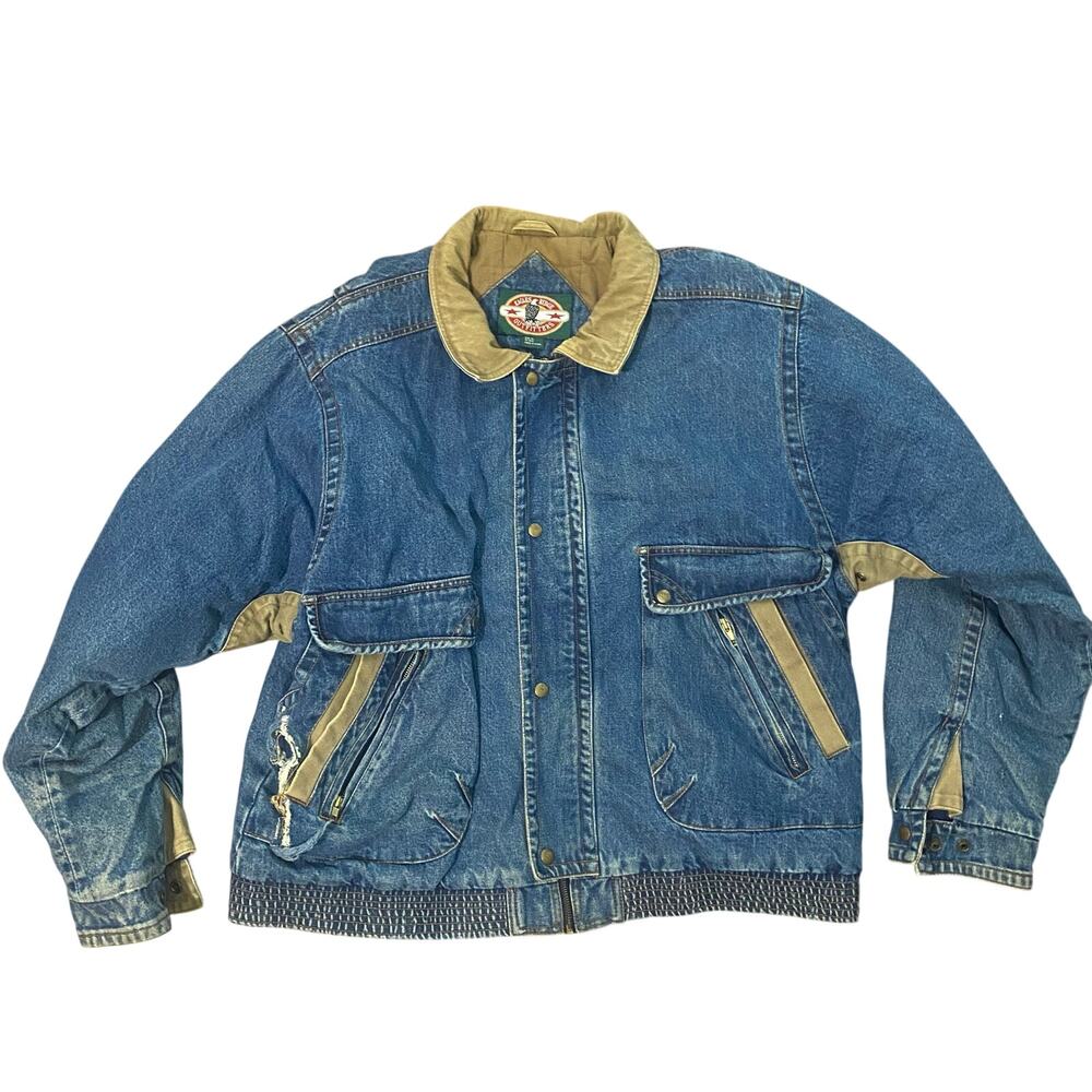Vintage Distressed Denim Eagles Ridge Bomber Jacket Beige Accents Size XL